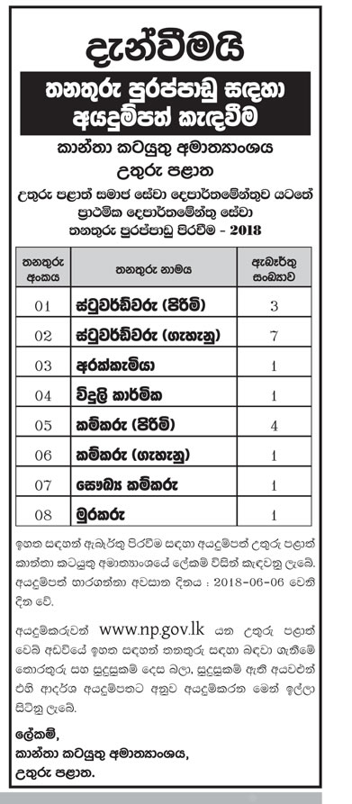 Steward, Cook, Electrician, Labourer, Sanitary Labourer, Watcher - Minister of Women's Affairs - Northern Province